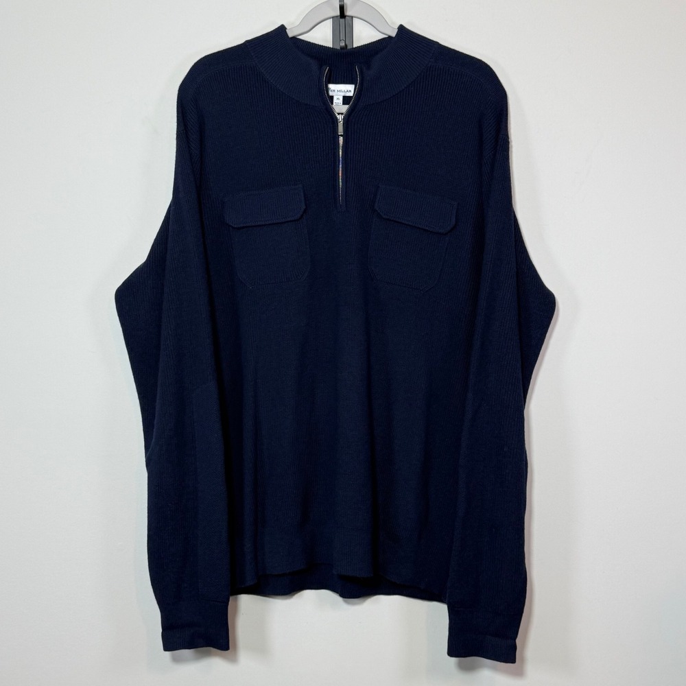 Peter Millar Quarter Zip Sweater Mens XL Navy Blue Merino Wool Ribbed Old Money